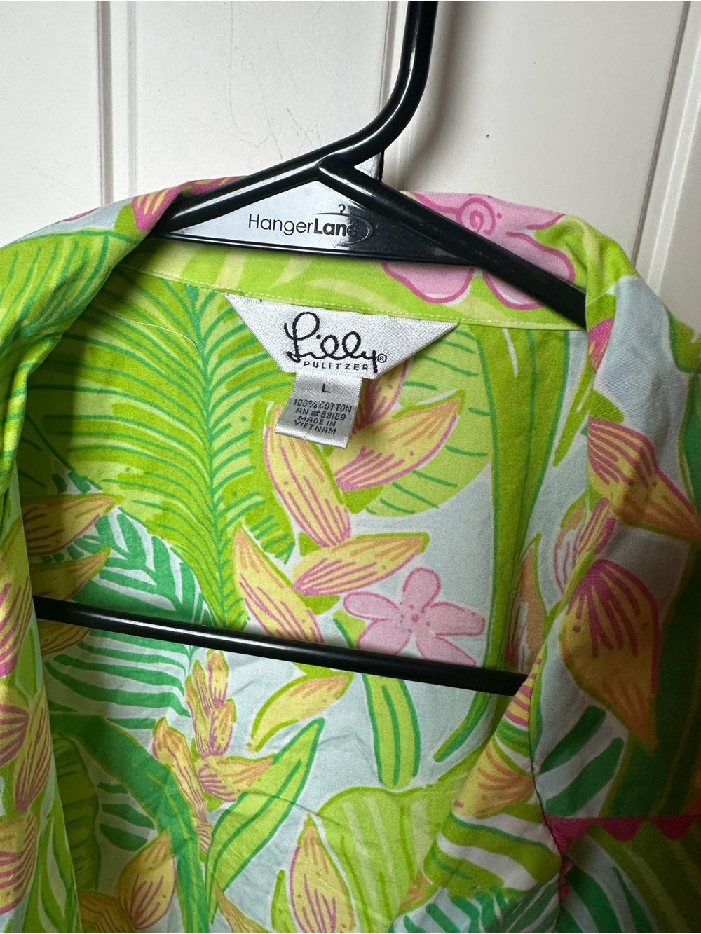 Lilly Pulitzer Green Tropical Floral Gingham Button-Front Women's Top size L - Picture 2 of 8
